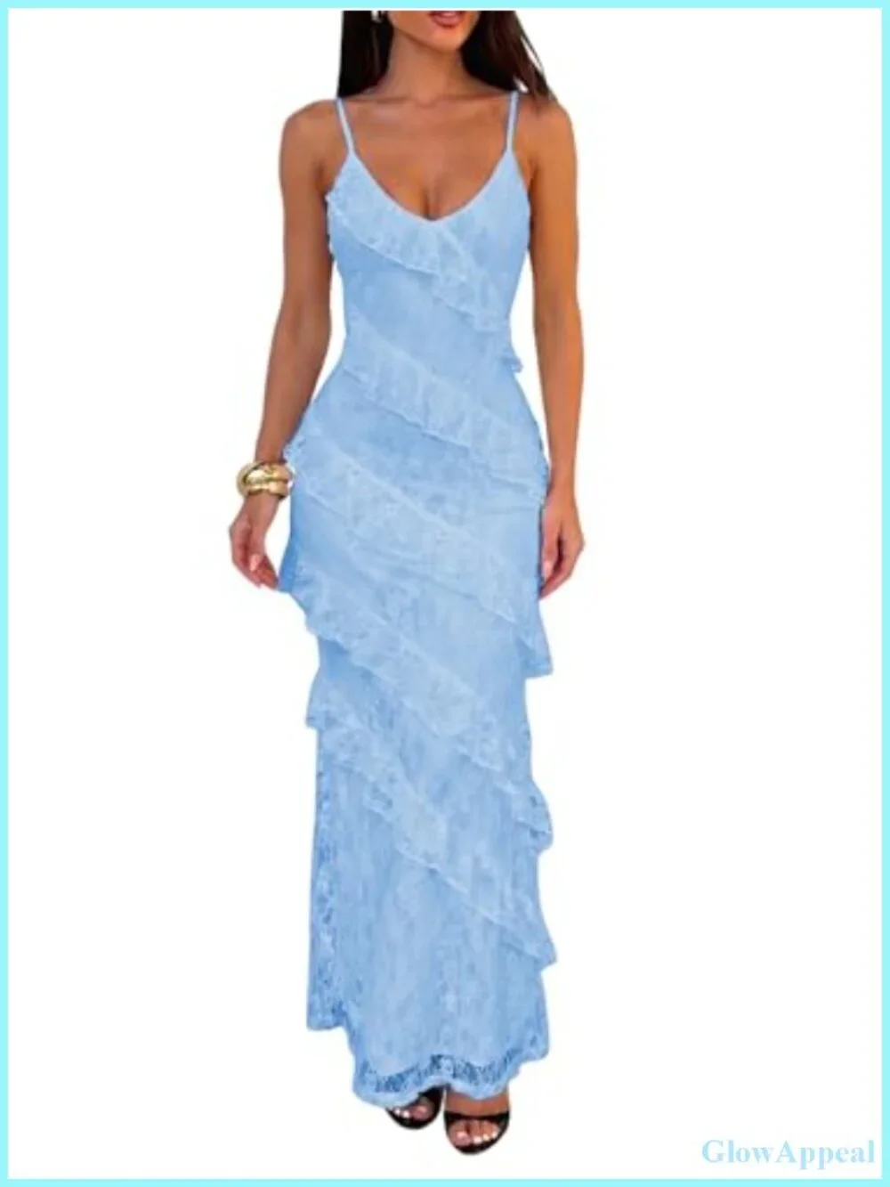 V Neck Floral Lace Bodycon Maxi Dress Ruffle Party